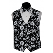 Black and White Hawaiian Hibiscus Floral Tuxedo Vest and Tie Set